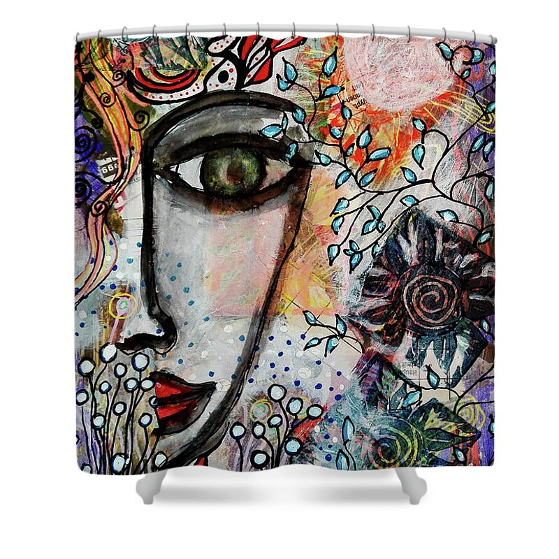 Symbolism Shower Curtain featuring the mixed media The Observer by Mimulux Patricia No