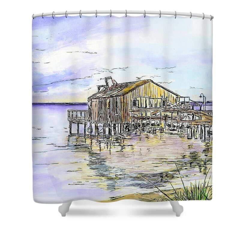 Original Shower Curtain featuring the drawing The Old Fishing Shack by Michele A Loftus