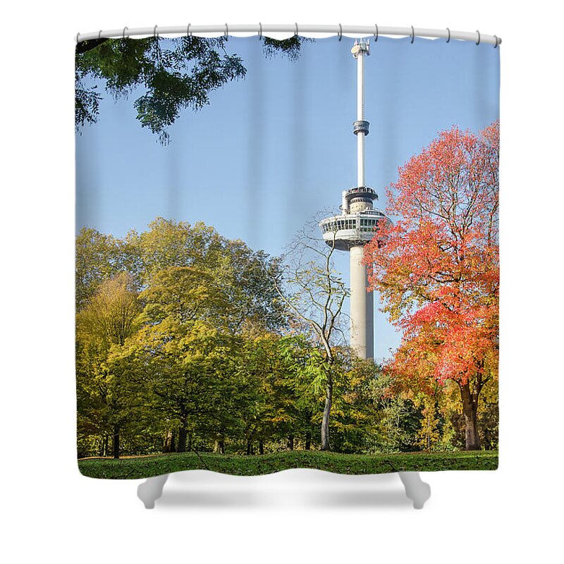 Rotterdam Shower Curtain featuring the photograph The Park, The Euromast and the Sweet Gum Tree by Frans Blok