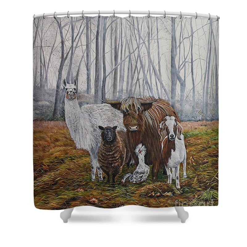 Alpaca Shower Curtain featuring the painting The Power Team by Marilyn McNish