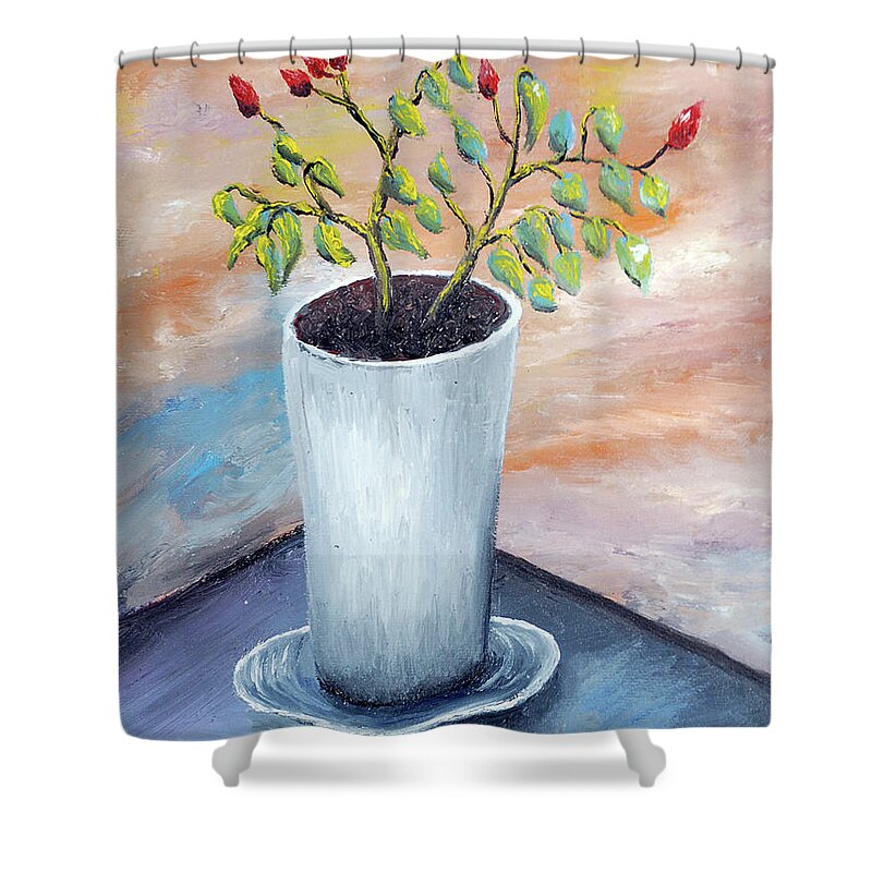 Peppers Shower Curtain featuring the painting The Red Hot Chilly Peppers by Medea Ioseliani