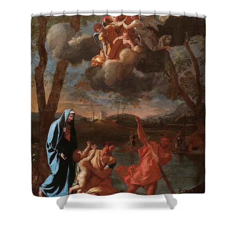 Nicolas Poussin Shower Curtain featuring the painting The Return of the Holy Family to Nazareth, 1627 by Nicolas Poussin
