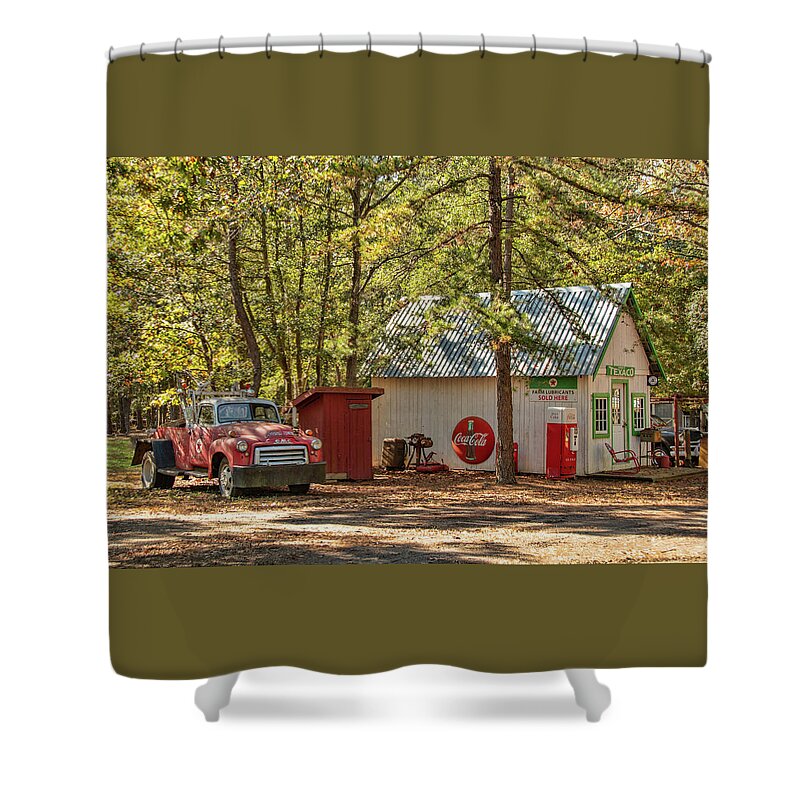 Service Shower Curtain featuring the photograph The Rural Texaco Station by Kristia Adams