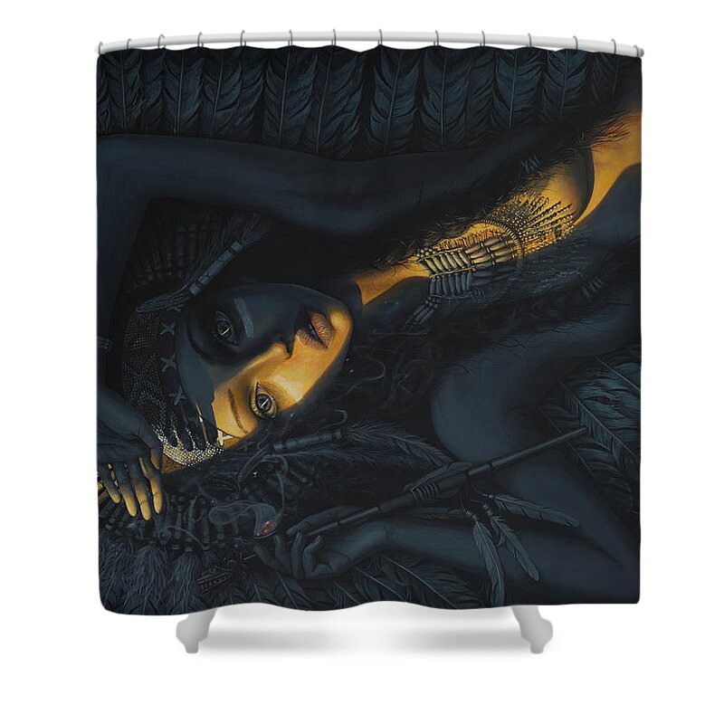 Native Shower Curtain featuring the painting The Serpent Light by Adrian Borda