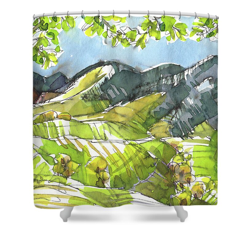 Landscape Shower Curtain featuring the painting The Sun Shines Green by Judith Kunzle
