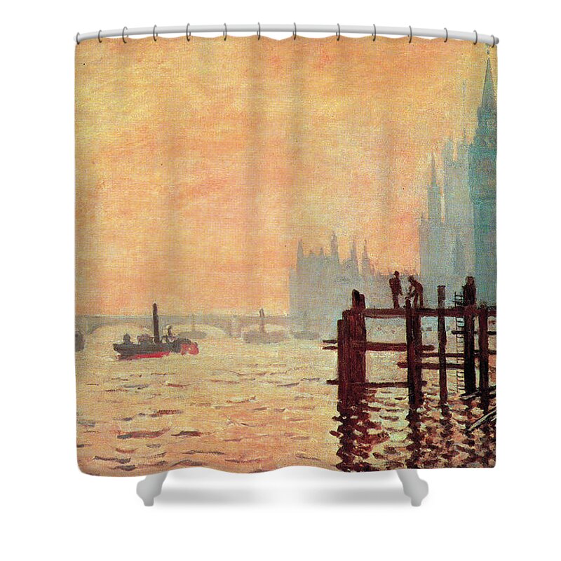 Sunset Shower Curtain featuring the painting The Thames and Westminster by Claude Monet