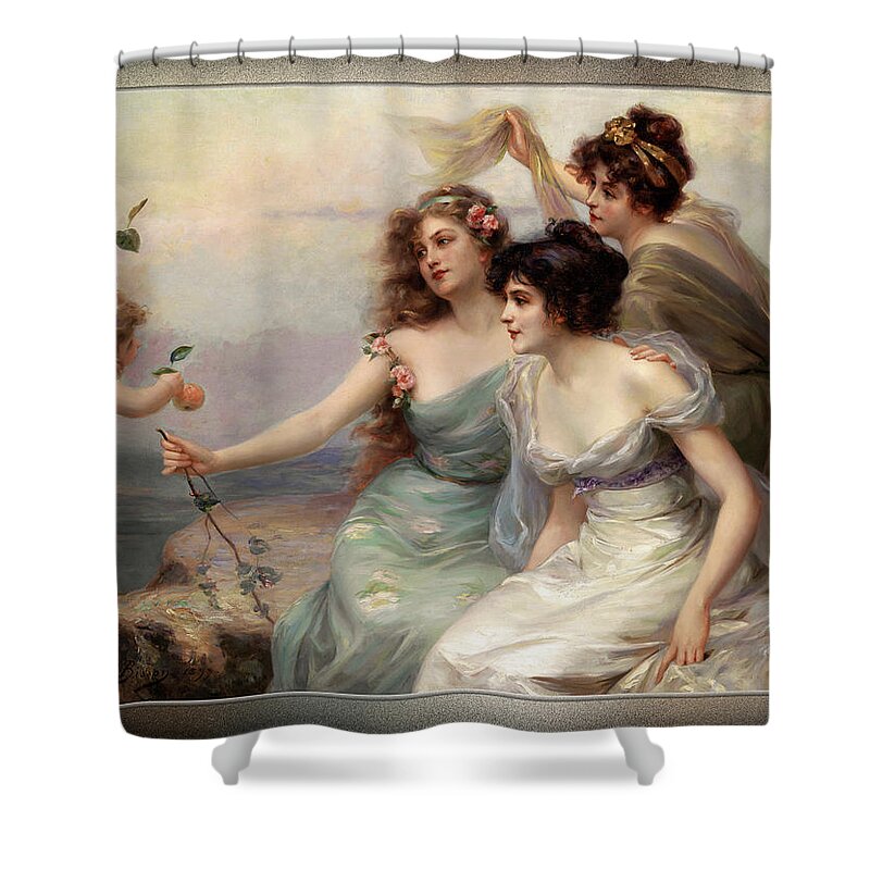 The Three Graces Shower Curtain featuring the painting The Three Graces Die drei Grazien by Edouard Bisson by Rolando Burbon