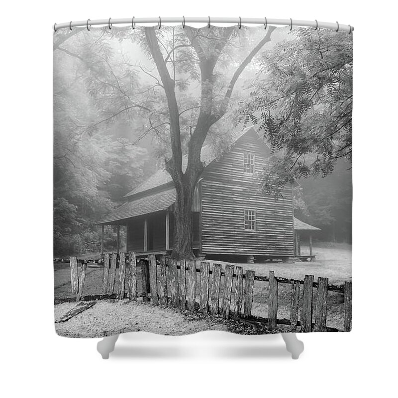 Cades Cove Shower Curtain featuring the photograph The Tipton Place on a Foggy Morning, Black and White by Marcy Wielfaert
