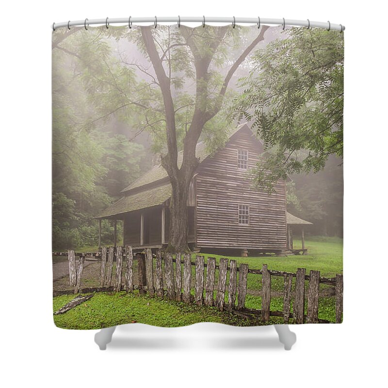 Cades Cove Shower Curtain featuring the photograph The Tipton Place on a Foggy Morning by Marcy Wielfaert
