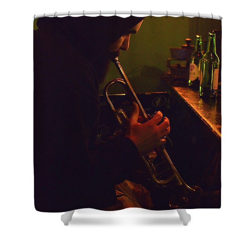 Trumpet Player Shower Curtain featuring the photograph The Trumpeter by Yavor Mihaylov