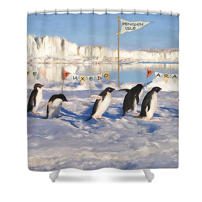 Penguins Shower Curtain featuring the mixed media The Tuxedo Parade by Colleen Taylor