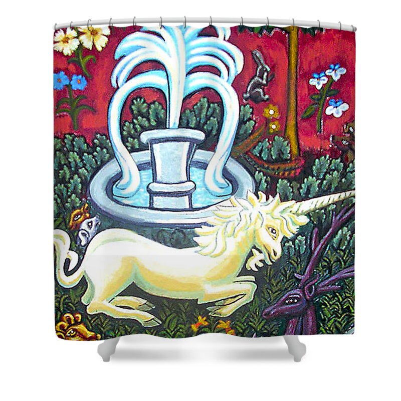 Unicorn Tapestries Shower Curtain featuring the painting The Unicorn and Garden by Genevieve Esson