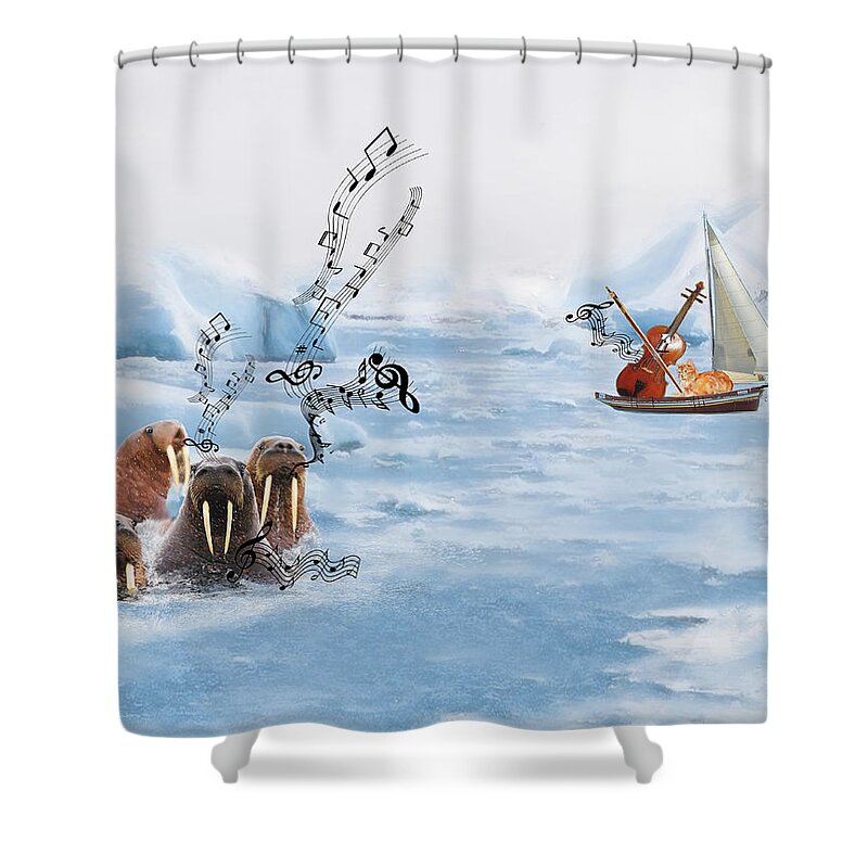 Walrus Shower Curtain featuring the mixed media The Walrus Choir by Colleen Taylor