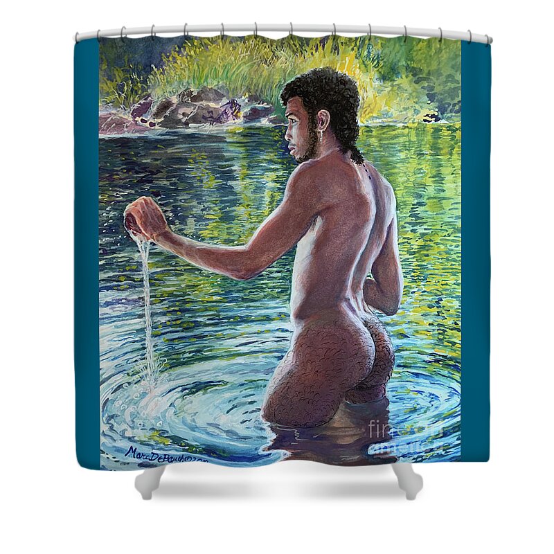 Male Nude Shower Curtain featuring the painting The Water Ritual by Marc DeBauch