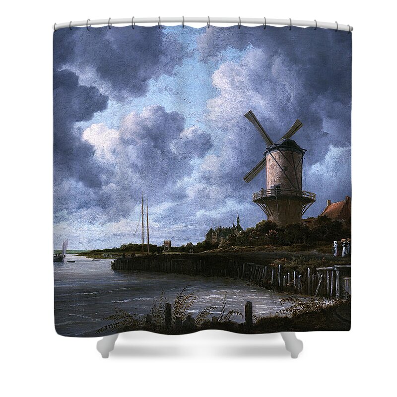 The Windmill At Wijk Bij Duurstede Shower Curtain featuring the painting The Windmill at Wijk bij Duurstede by Jacob van Ruisdael by Rolando Burbon