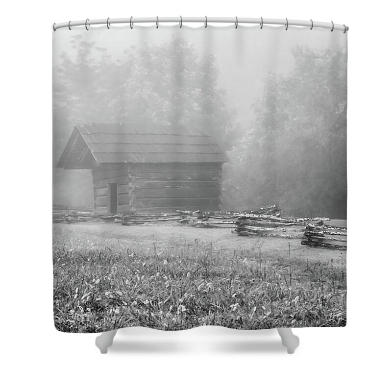Cades Cove Shower Curtain featuring the photograph The Woodshed on a Foggy Morning, Black and White by Marcy Wielfaert