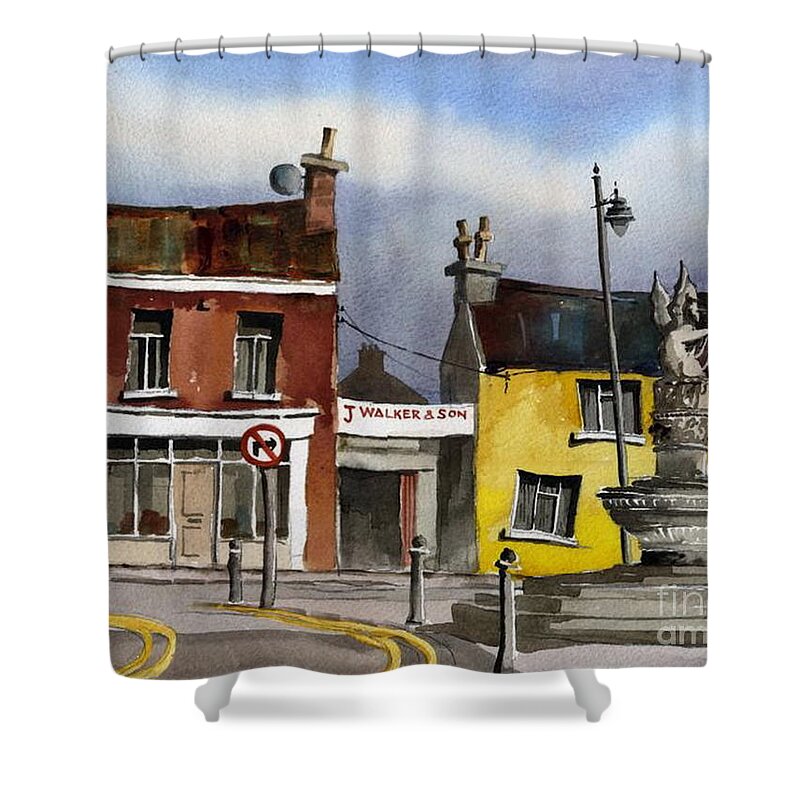 Wyvern Shower Curtain featuring the painting The Wyvern outside the Town Hall was donated to the good people of Bray by the Brabazon family. by Val Byrne