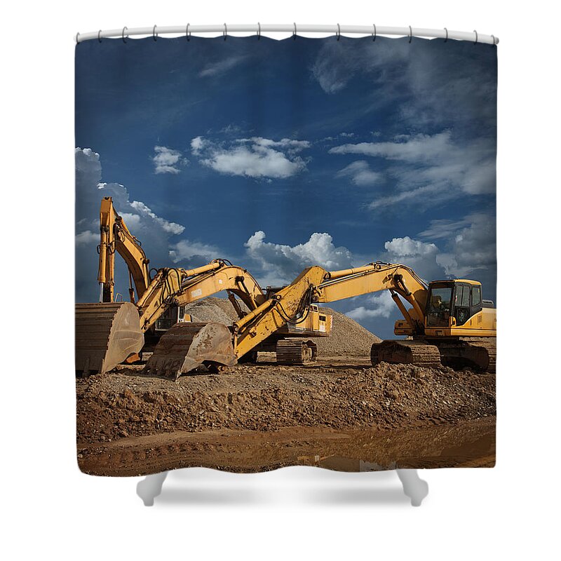 Working Shower Curtain featuring the photograph Three Excavators At Construction Site by Narvikk