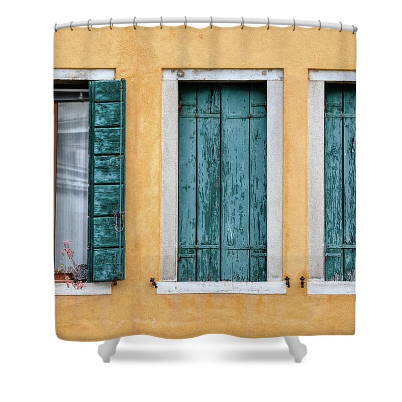 Venice Shower Curtain featuring the photograph Three Green Windows of Venice by David Letts