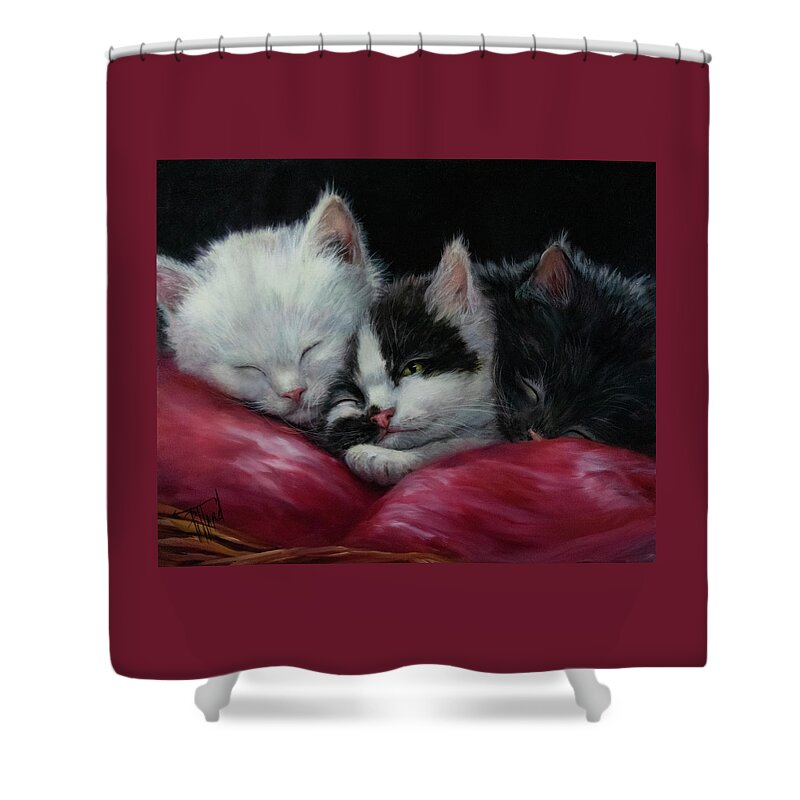 Kittens Shower Curtain featuring the painting Three Little Kittens by Lynne Pittard