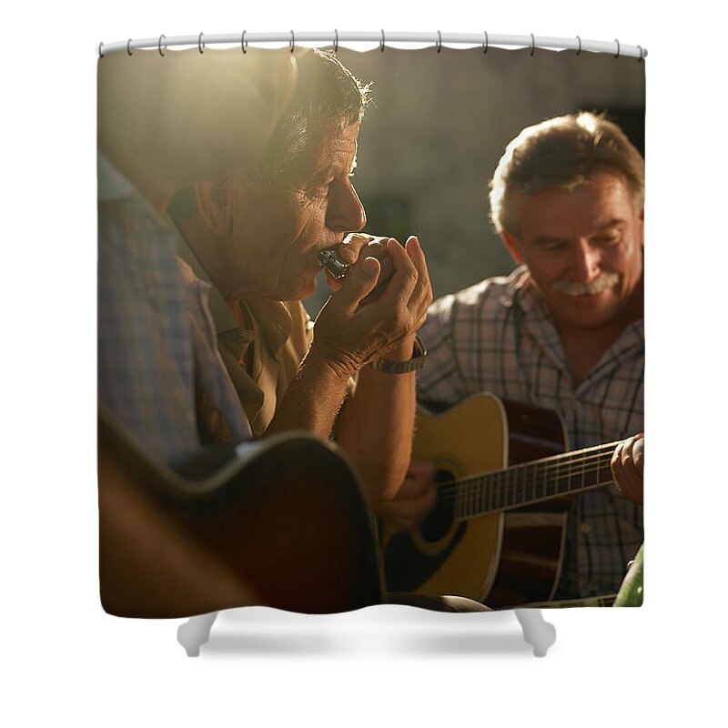 People Shower Curtain featuring the photograph Three Men Playing Instruments At Sunset by 10'000 Hours