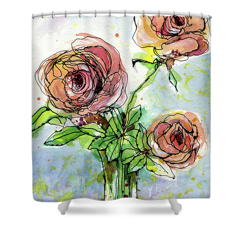 Watercolor Shower Curtain featuring the painting Three Roses by AnneMarie Welsh