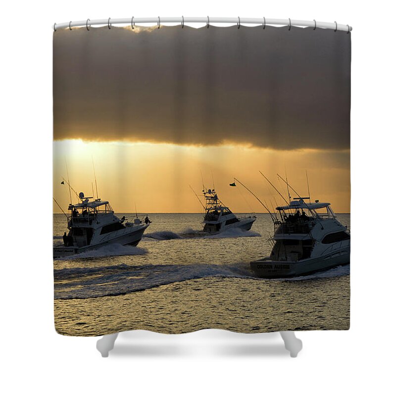Fishing Shower Curtain featuring the photograph Three sport fishing boats head out off Catalina island t by David Shuler