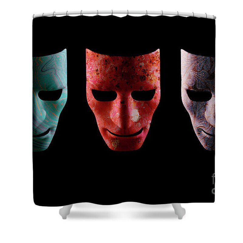 Mask Shower Curtain featuring the photograph Three textured AI robotic face masks by Simon Bratt