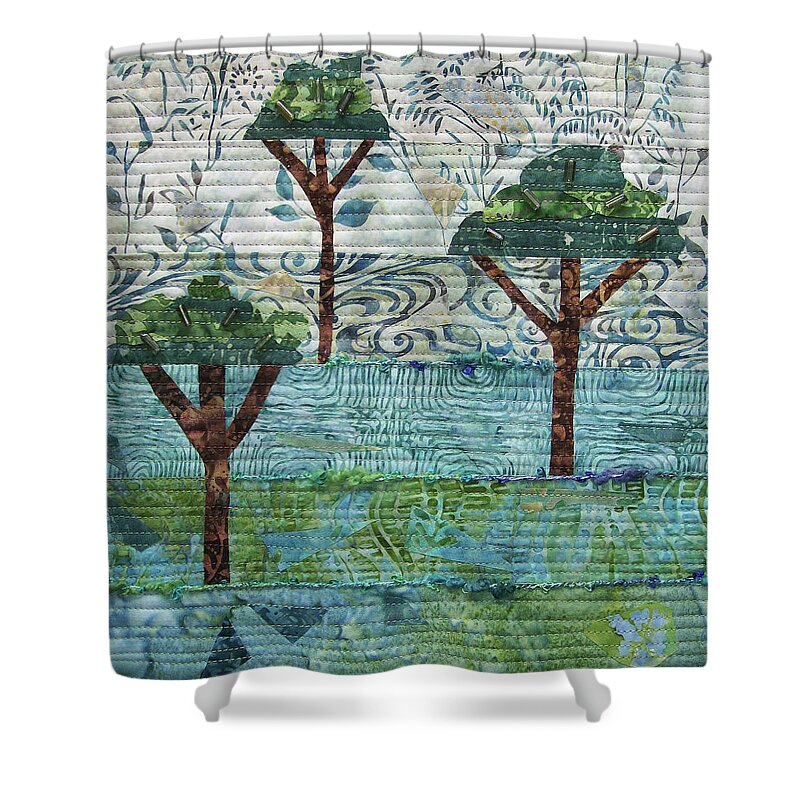 Art Quilt Shower Curtain featuring the tapestry - textile Three Trees by Pam Geisel