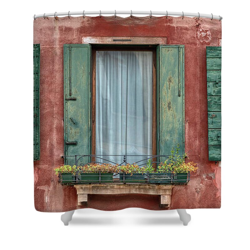 Venice Shower Curtain featuring the photograph Three Windows with Green Shutters of Venice by David Letts