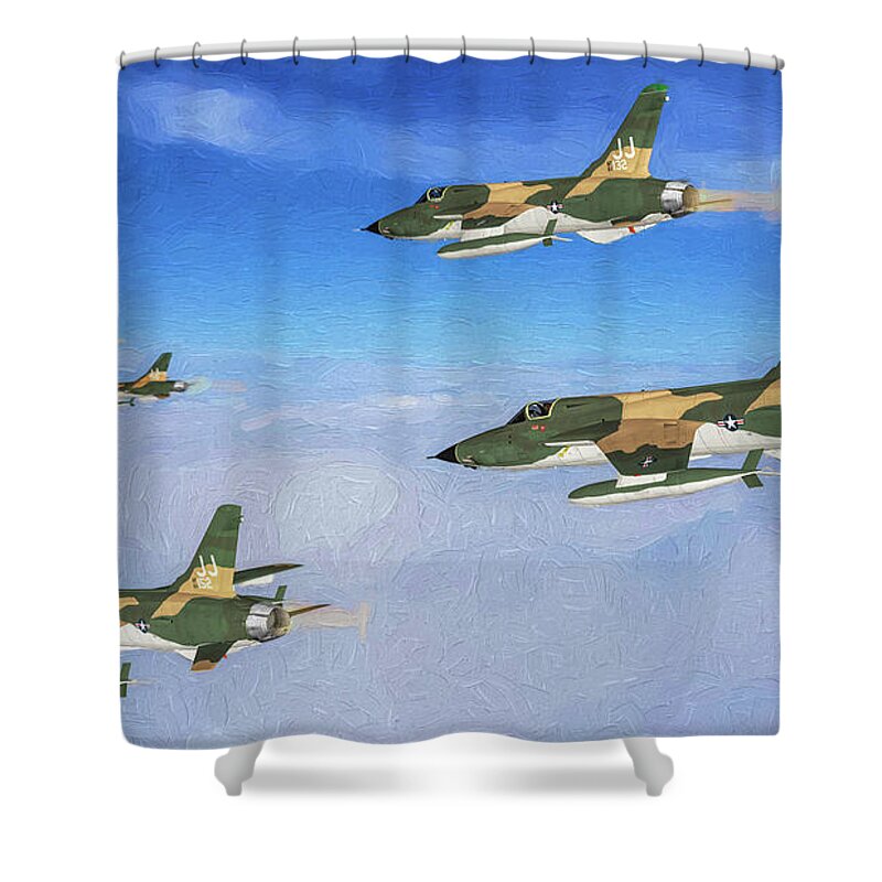 Republic F-105d Thunderchief Shower Curtain featuring the digital art Thud Rolling Thunder Vietnam - Oil by Tommy Anderson