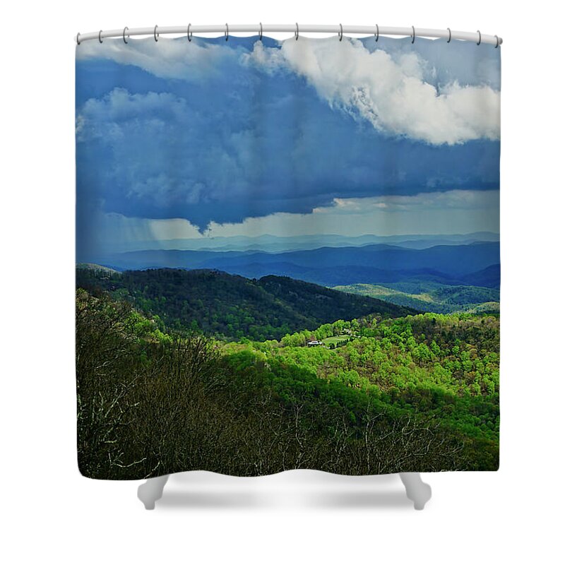 Thunder Mountain Shower Curtain featuring the photograph Thunder Mountain Overlook distant rain by Meta Gatschenberger