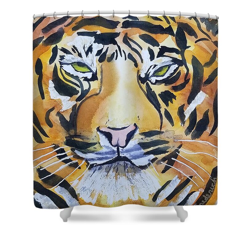 Tiger Shower Curtain featuring the painting Tiger Eyes by Ann Frederick