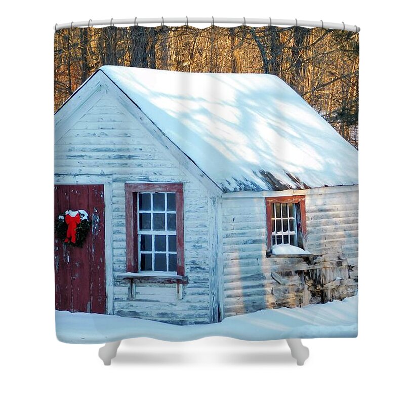 Red Shower Curtain featuring the photograph - Tiny Christmas House by THERESA Nye