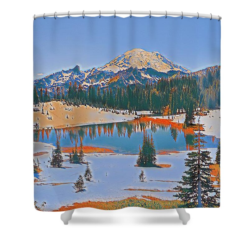Mt. Rainier Shower Curtain featuring the digital art Tipsoo Lake by Jerry Cahill