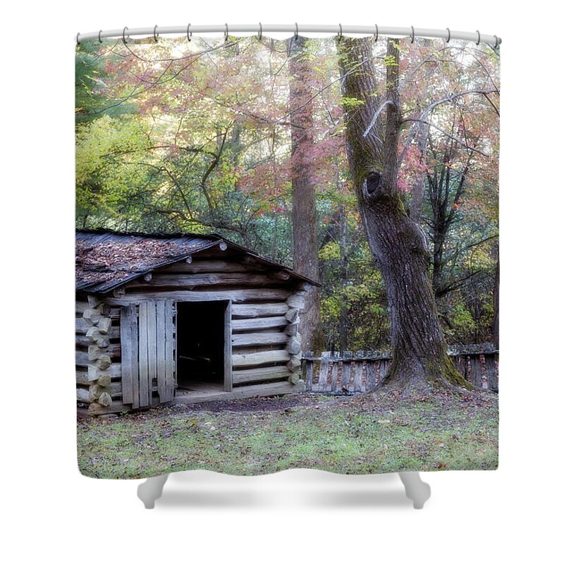 Appalachia Shower Curtain featuring the photograph Tipton Smokehouse by Lana Trussell