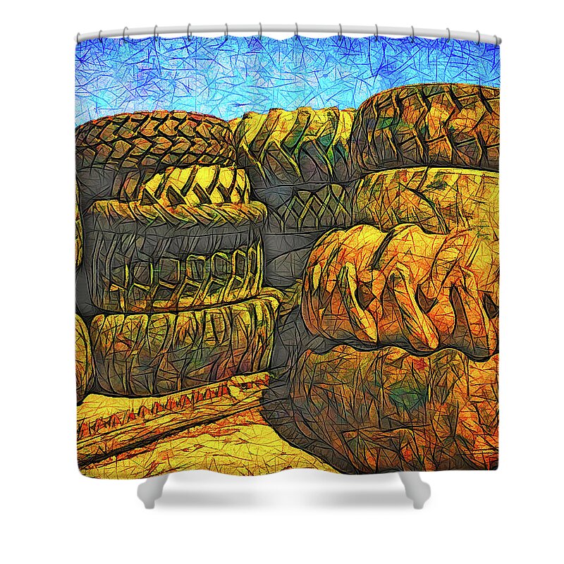 Tire Stacks Shower Curtain featuring the photograph Tire Stacks by Bellesouth Studio