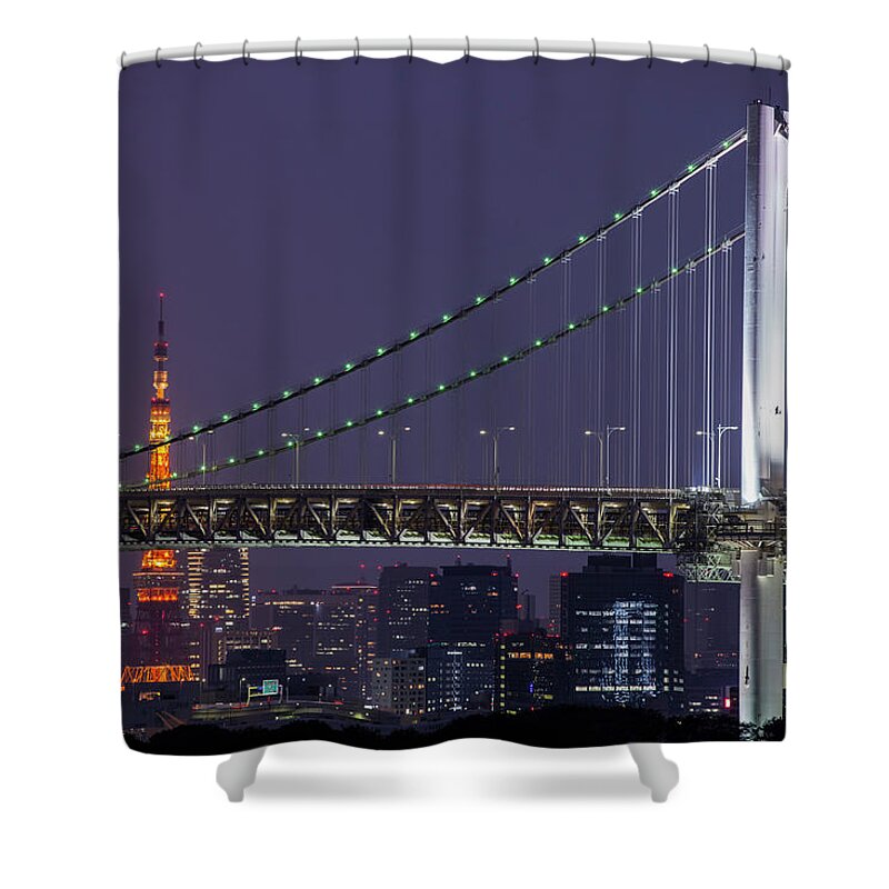 Tokyo Tower Shower Curtain featuring the photograph Tokyo Tower And Rainbow Bridge At Night by Manachai