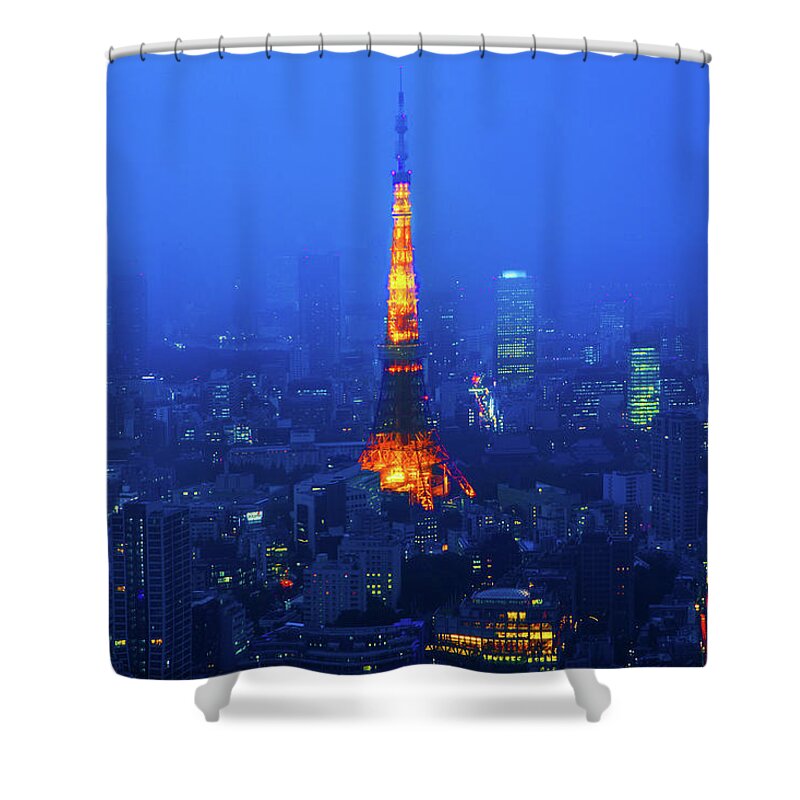 Tokyo Tower Shower Curtain featuring the photograph Tokyo Tower In Fog by Arthit Somsakul