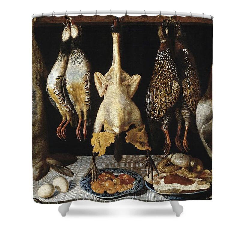 Still Life Of Birds And Hares Shower Curtain featuring the painting Tomas Hiepes / 'Still Life of Birds and Hares', 1643, Spanish School, Oil on canvas, 67 cm x 96 cm. by Tomas Yepes -c 1610-1674-