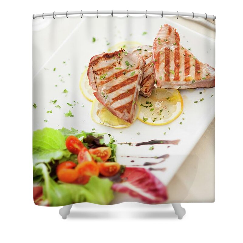 Ip_11153329 Shower Curtain featuring the photograph Tonno Grigliato grilled Tuna With Salad, Italy by Imagerie