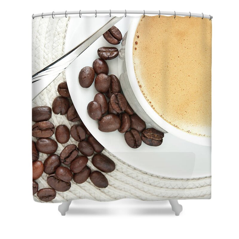 Spoon Shower Curtain featuring the photograph Top View Of A Cup Of Coffee by Victorek72