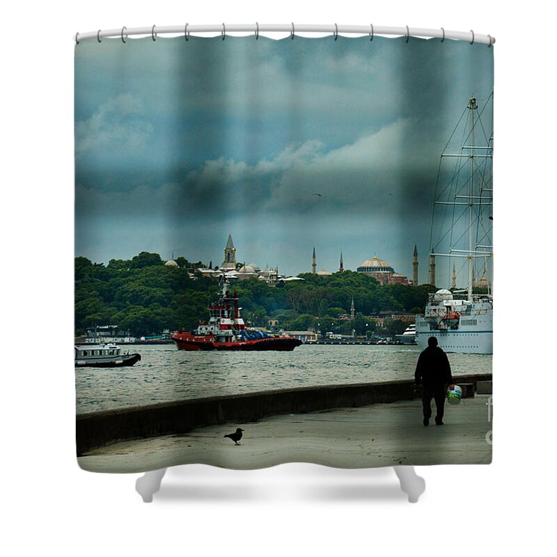 Morning Shower Curtain featuring the photograph Topkapi Palace thru the bars of Karakoy port by Yavor Mihaylov