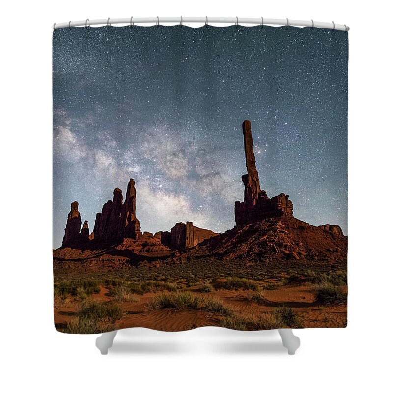 Monument Valley Tribal Park Shower Curtain featuring the photograph Totem Pole, Yei Bi Che and Milky Way by Dan Norris