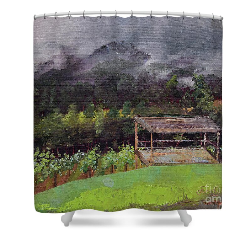 Touch The Clouds Shower Curtain featuring the painting Touch the Clouds - at Ott Farms and Vineyard by Jan Dappen