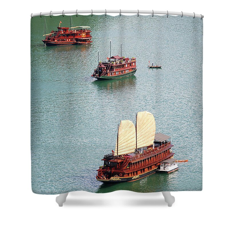 Seascape Shower Curtain featuring the photograph Tourist wooden Boats at Halong Bay Vietnam by Michalakis Ppalis