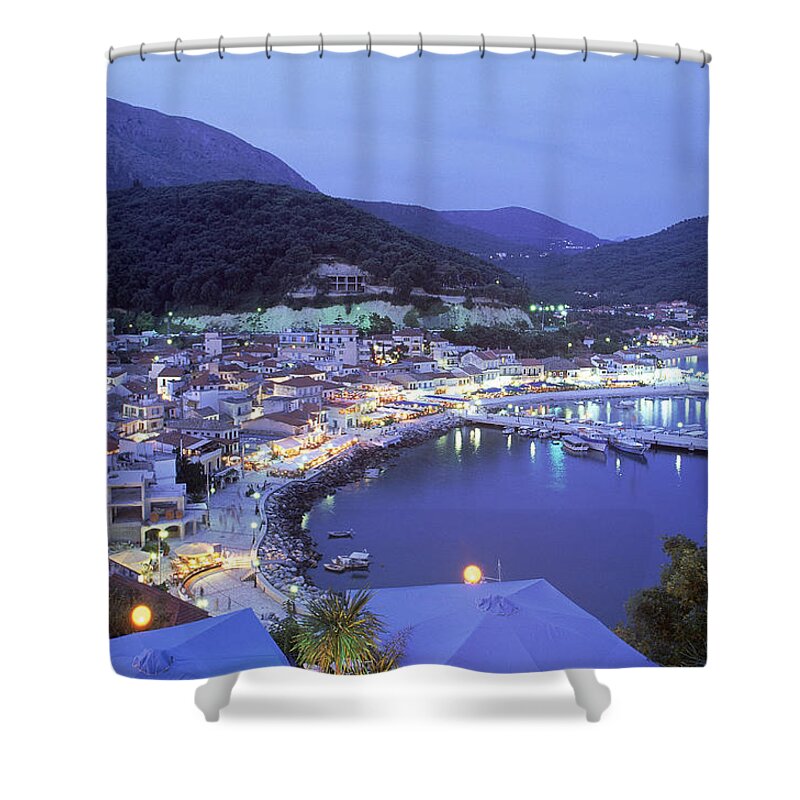 Greece Shower Curtain featuring the photograph Town & Harbor At Night, Epirus, Greece by Walter Bibikow