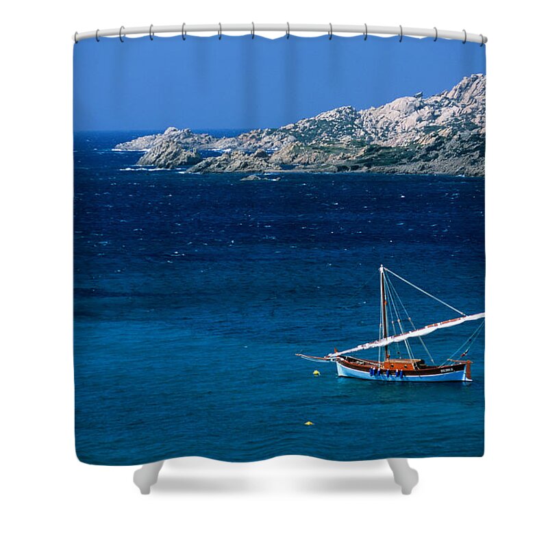 Sailboat Shower Curtain featuring the photograph Traditional Sailboat On Rocky Coast Of by Dallas Stribley