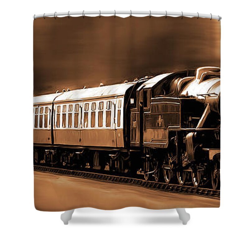 Train Shower Curtain featuring the painting Train art in sepia by Gull G