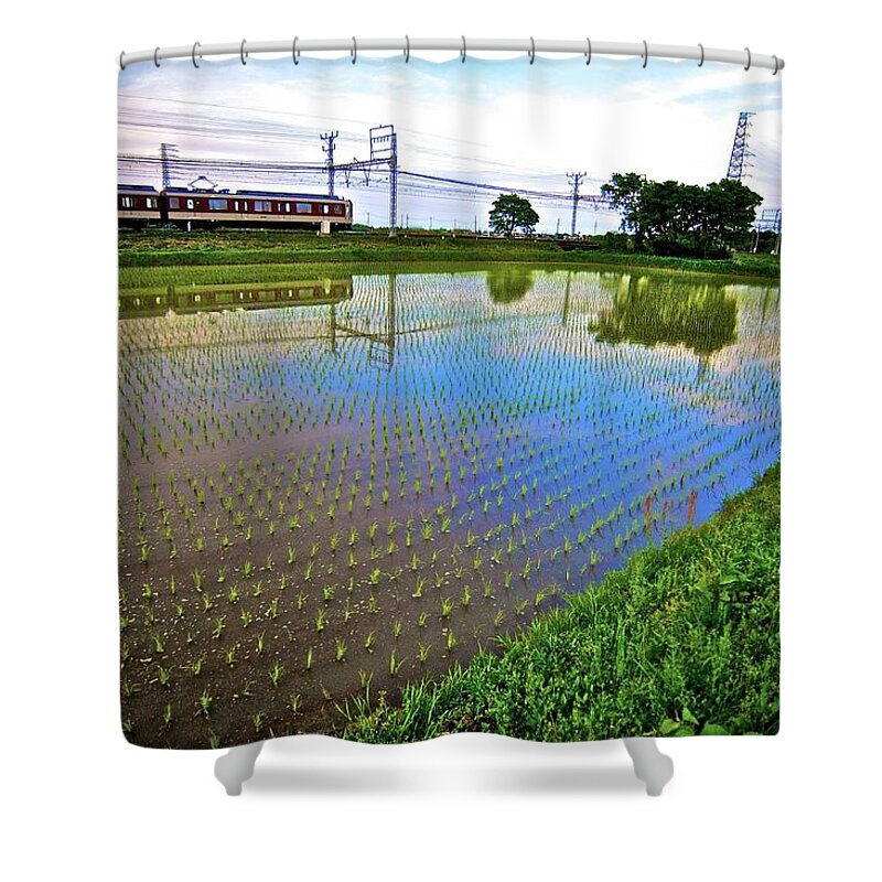 Scenics Shower Curtain featuring the photograph Train Passing By A Rice Field In Rural by Jake Jung